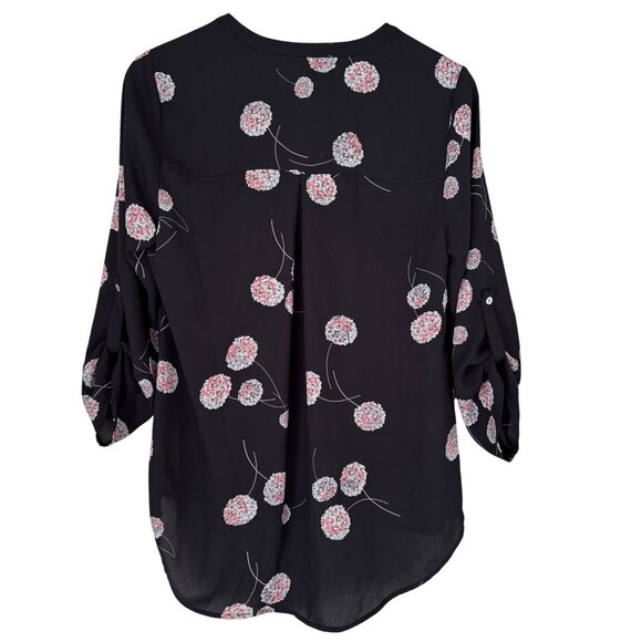 Daniel Rainn Black Floral Print Blouse  M 3/4 Sleeves & High-Low Hem - Picture 2 of 8